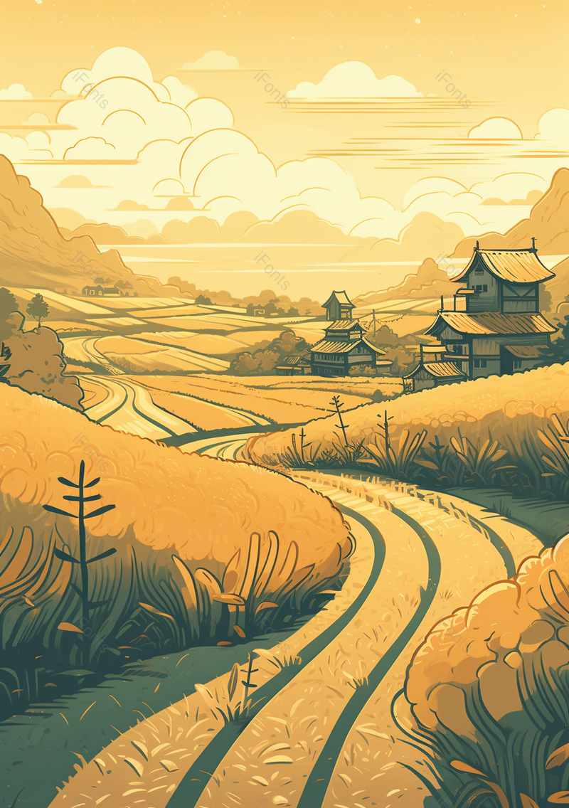 天空云层远处小屋黄色秋天节气插画背景,插画/手绘图,插画/手绘图库,插画/手绘图下载,插画/手绘